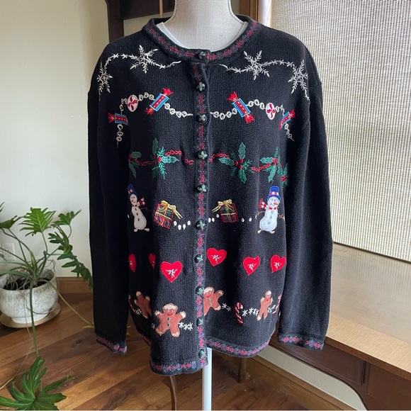 Vintage Tiara Holiday Christmas Gingerbread Man Button Front Cardigan Sweater - Picture 1 of 12